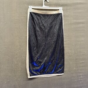 12tweln Skirt Womens Large Blue Black Metallic Glitter Velvet Midi Lined Slit